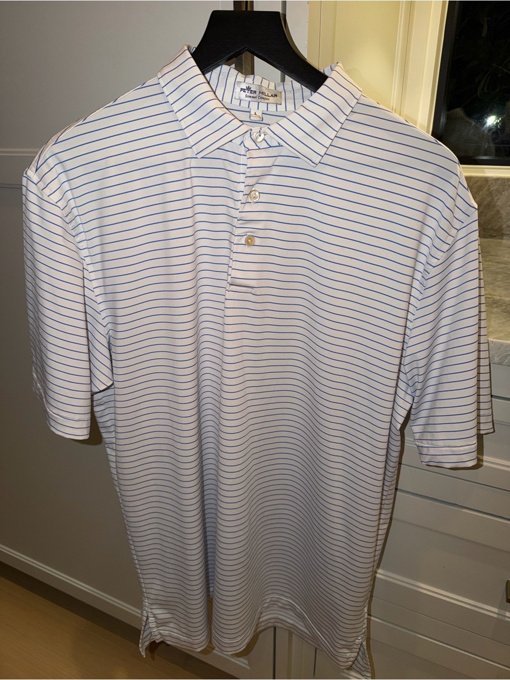 Peter Millar Performance Jersey Polo Blue and White Stripe Large